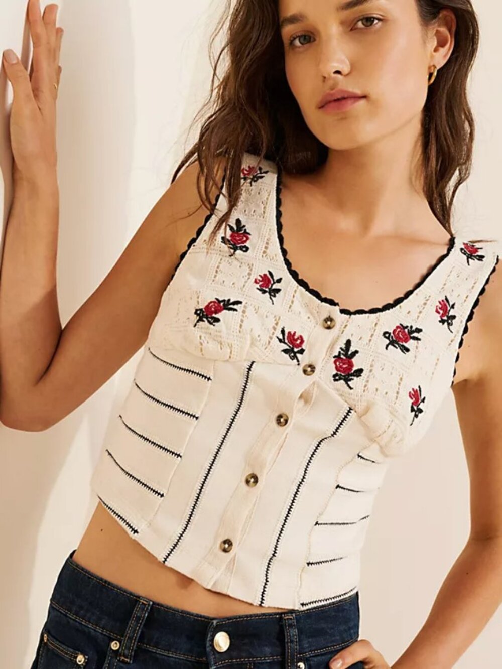 Free People Rose Bud Knit Top Cotton Blend Long Sleeve Size M